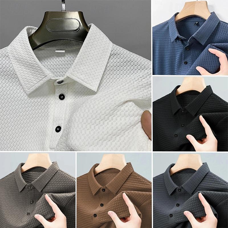 Men's Waffle Polo Shirt Golf Shirt Work Casual Lapel Short Sleeve Basic Modern Plain Button Spring & Summer Regular Fit Black White Navy Blue Dark Green Coffee Gray Waffle Polo Shirt2