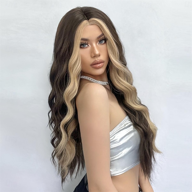 Synthetic Wig Wavy Bouncy Curl Middle Part Wig 26 inch Dark Brown Synthetic Hair Women's Middle Part Cool Adorable Mixed Color4