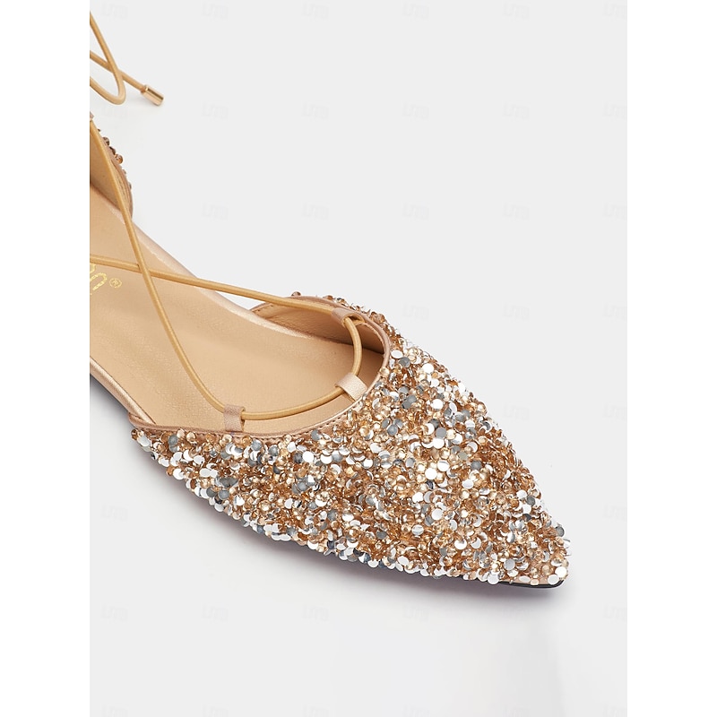 Women's Glitter Pointed Toe Lace-Up Flats - Sparkly Sequin Ballet Shoes for Parties and Special Occasions4