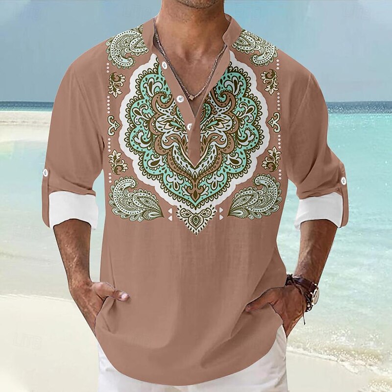 Men's Southwestern Print Button Up Shirt Henley Shirt Long Sleeve Hawaiian Resort Outdoor Business / Ceremony / Wedding Casual Summer Spring Fall Turndown Pink Blue2