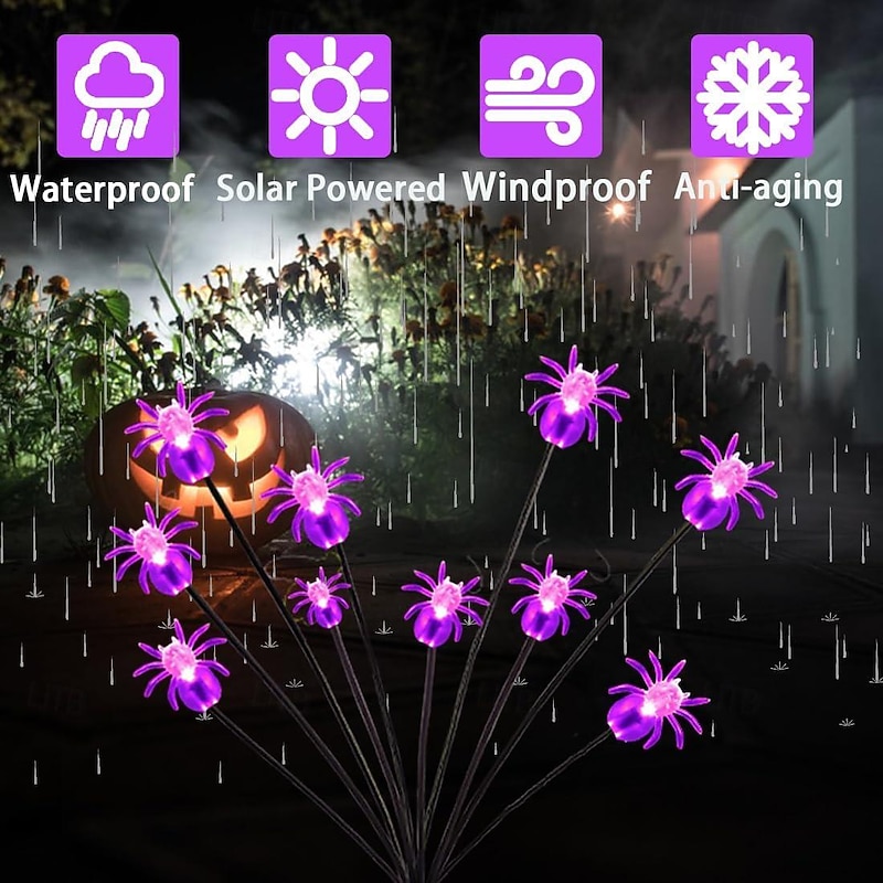 2pcs Halloween Solar Spider Lawn Light Purple Swaying with the Wind Firefly Lights Outdoor Waterproof Garden Lights Villa Park Courtyard Patio Pathway Decoration
