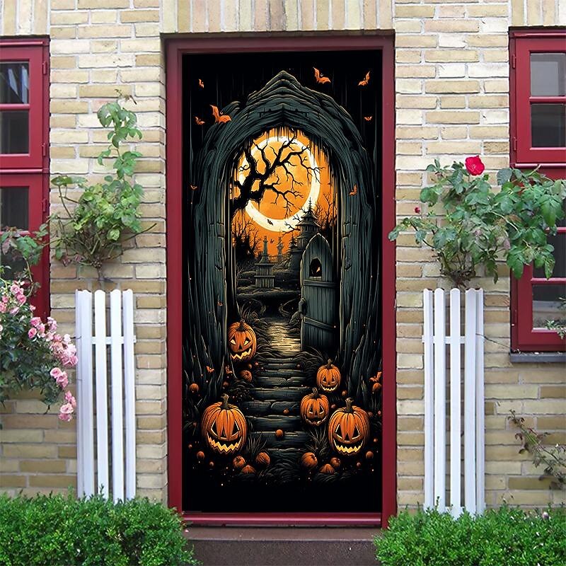 Halloween Door Decorations Halloween Door Covers Door Tapestry Pumpkins Forest Door Curtain Decoration Backdrop Door Banner for Front Door Farmhouse Holiday Party Decor Supplies 18