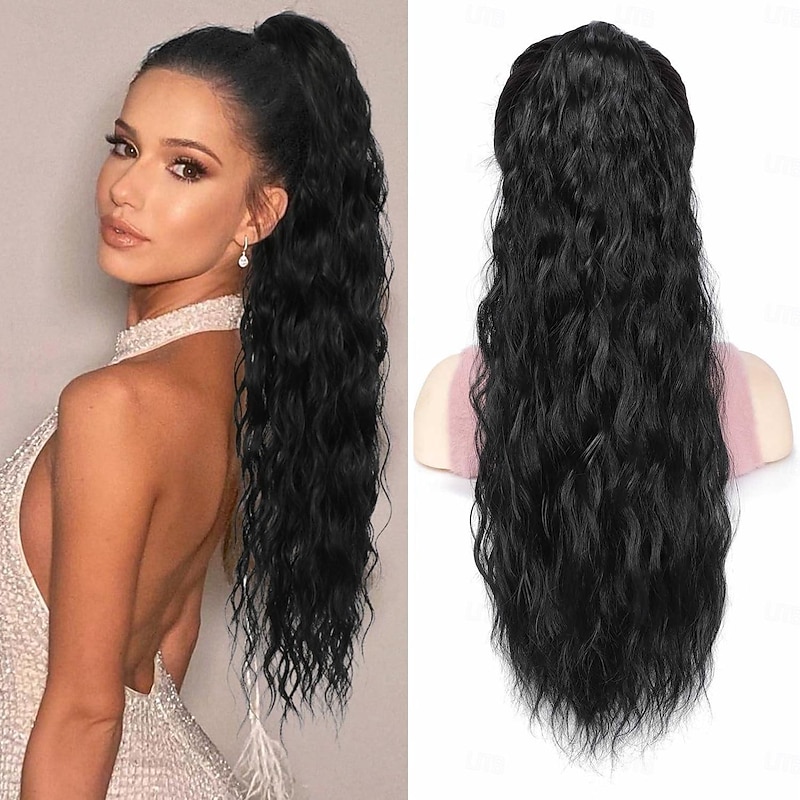 Wavy Curly Ponytail Extension for Black Women Drawstring Ponytail Pony Tails Hair Extensions Ponytail 26 Inch Long Natural Black Hair Ponytail Extension Clip in Synthetic Fake Ponytail Hair Extensions