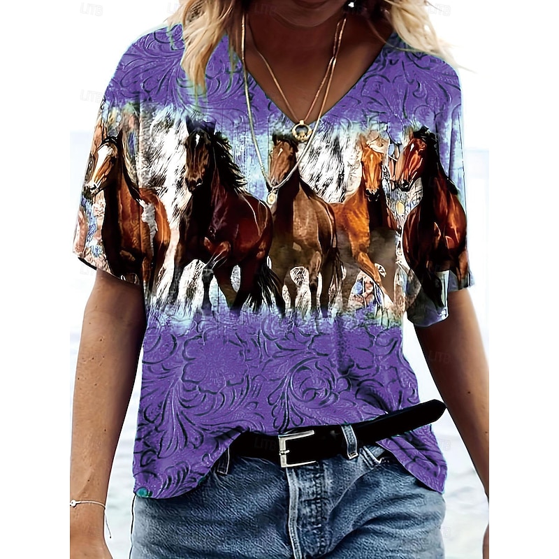Women's T Shirt Casual Horse Print Short Sleeve Regular Tops V Neck Daily Blue Purple Green Summer 5