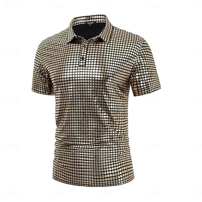 Men's Polo Golf Shirt Street Club Lapel Classic Short Sleeve Solid Color Sequins Glitter Summer Spring &  Fall Silver Gold Rose Red Polo3
