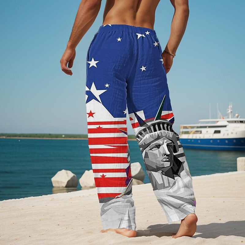 Men's Hawaiian Holiday Casual Flag American Flag Pants Trousers Casual Pants 3D Print Pocket Straight Leg Straight Leg Trousers Mid Waist Party Evening Dailywear Vacation Summer Spring Blue Relaxed2