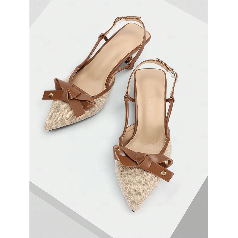 Women's Slingback Pointed Toe Heels – Brown Leather and Beige Canvas Kitten Heel Shoes with Bow Detail, Perfect for Office, Parties, and Casual Wear4