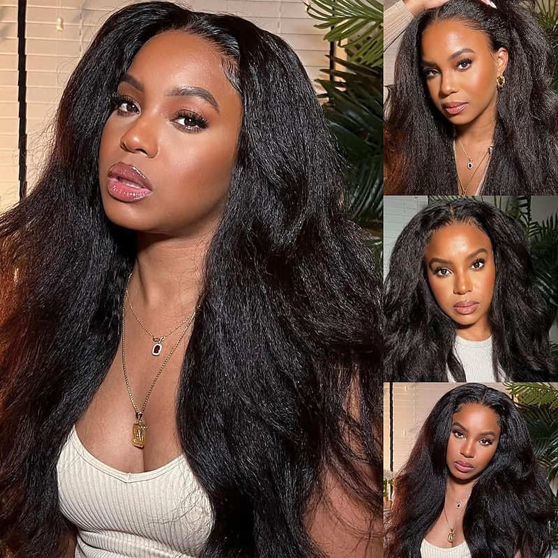 13x6 Lace Front Kinky Straight Wig HD Transparent Yaki Straight Frontal Closure Human Hair Wigs for Women 20Inch 180% Density Glueless Wig Pre Plucked With Baby Hair2