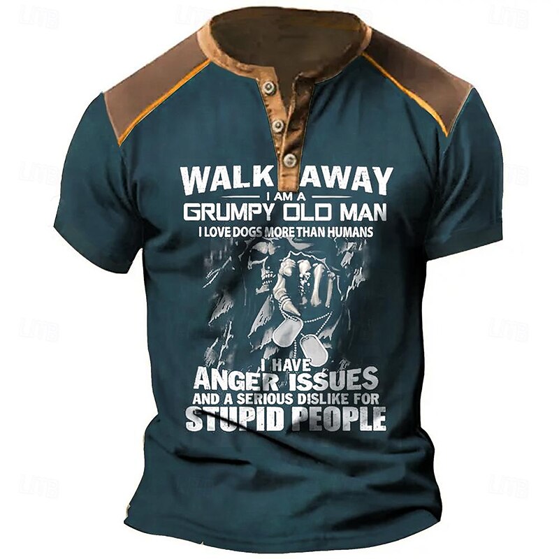 Men's Text Reaper T shirt Henley Shirt Short Sleeve 3D Print Designer Retro Vintage Street Casual Daily Summer Spring Black Blue Green Henley Henley T-Shirt