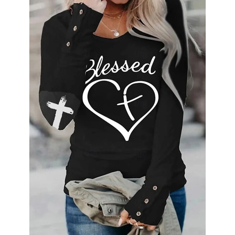 Women's Valentine Funny T Shirt Fashion Heart Letter Regular Tops Long Sleeve Round Neck Print Regular Fit Valentine's Day Weekend Black White Pink Wine Spring &  Fall