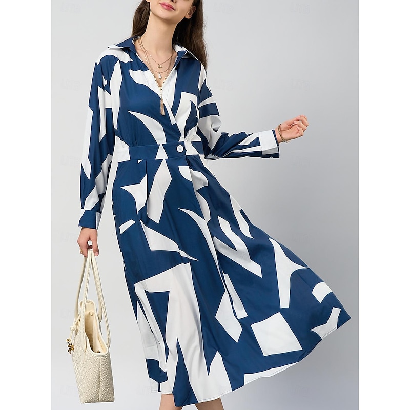 Women's Midi Dress A Line Dress Graphic Vintage Modern Office Ruched Button Long Sleeve Shirt Collar Dress Slim Blue Spring Fall S M L XL XXL3