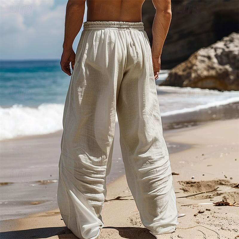 Men's Octopus Linen Pants Pants Trousers Baggy Pants Mid Waist Vintage Outdoor Daily Wear Streetwear Side Pockets Elastic Drawstring Design Black White Blue2