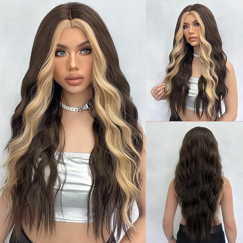 Synthetic Wig Wavy Bouncy Curl Middle Part Wig 26 inch Dark Brown Synthetic Hair Women's Middle Part Cool Adorable Mixed Color