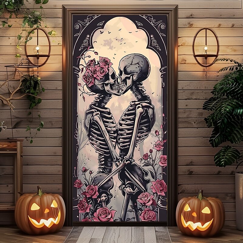 Halloween Door Decorations Skull Couple Door Covers Door Tapestry Door Curtain Decoration Backdrop Door Banner for Front Door Farmhouse Holiday Party Decor Supplies