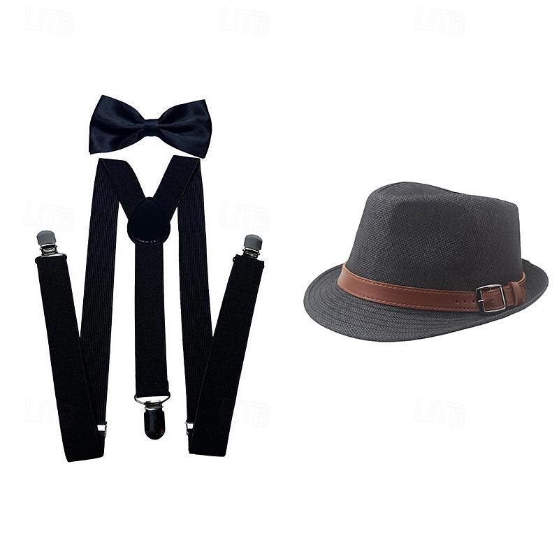 Retro Vintage Roaring 20s 1920s Panama Hat Accesories Set The Great Gatsby Fancy Dress Men's Masquerade Event / Party Bachelorette Party Adults' Cravat Hat Suspenders3