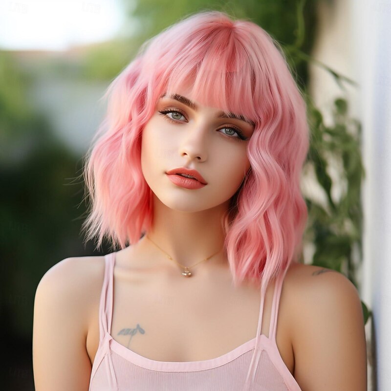 Wig for Women Pastel Loose Wavy Wig with Air Bangs Shoulder Length Bob Synthetic Cosplay Wig for Girl Colorful Costume Wigs