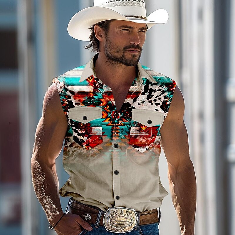 Men's Southwestern Print Shirt Western Shirt Cowboy Shirt Sleeveless Western Style Outdoor Work Causal Summer Spring Shirt Collar Blue Green Khaki