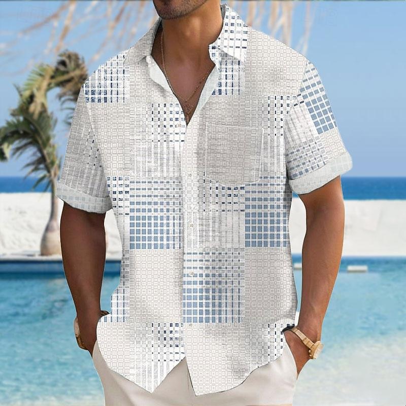 Men's Striped Geometric Pattern Button Up Shirt Printed Shirts Short Sleeve Hawaiian Resort Outdoor Business / Ceremony / Wedding Summer Turndown Print Button-Down White Pink Blue4