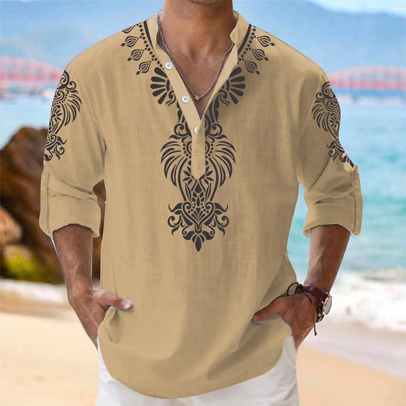Men's Shirt Button Up Shirt Henley Shirt Long Sleeve Tribal Fashion Casual Beach Vacation Causal Casual Summer Spring & Fall Mandarin Collar Band Collar Buttons Print White Yellow Blue Beige 6