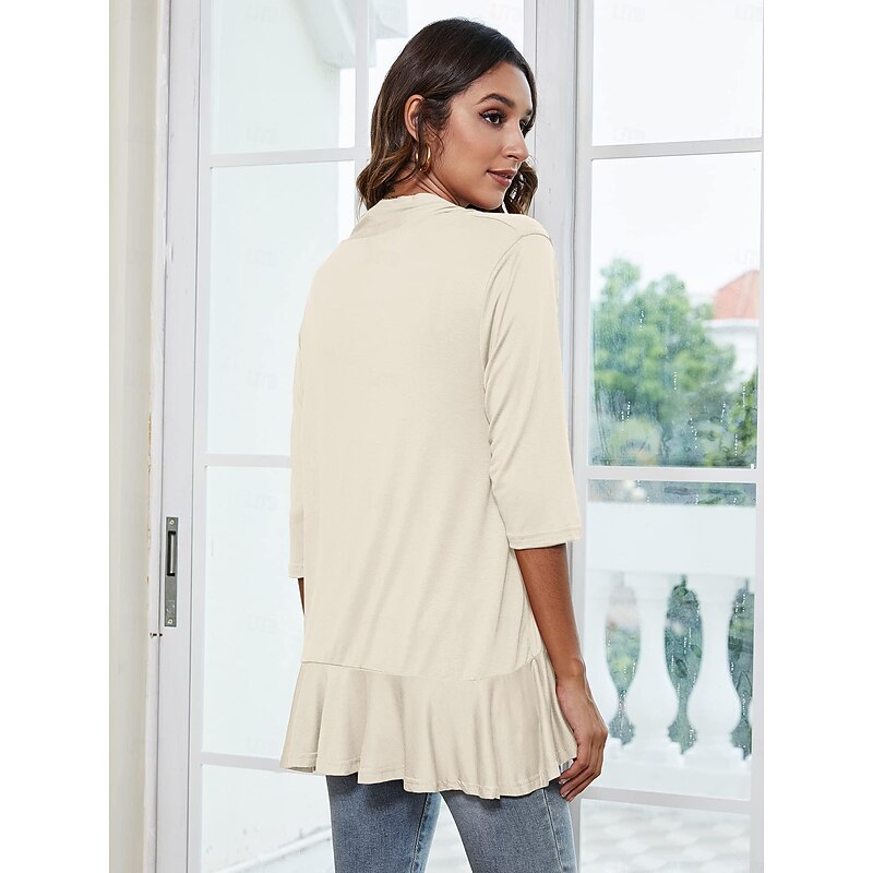 Women's Blouse Ruffle Cardigan Work Elegant Stylish Modern 3/4 Length Sleeve Black Summer Spring3