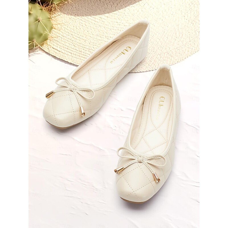 Women's Cream Quilted Ballet Flats with Bow Detail for Elegant and Casual Wear