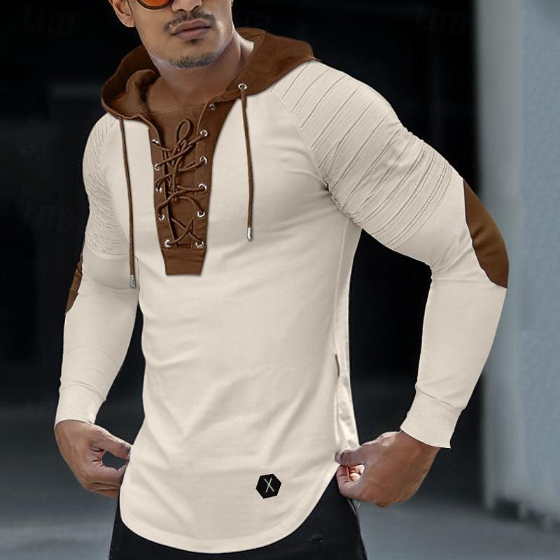 Men's T Shirt Tee Top Long Sleeve Shirt Long Sleeve Hooded Spring &  Fall Color Block Slim Pleated Fashion Designer Basic Lace up Patchwork Vacation Street Going out Black Green Khaki Top Tee for Men