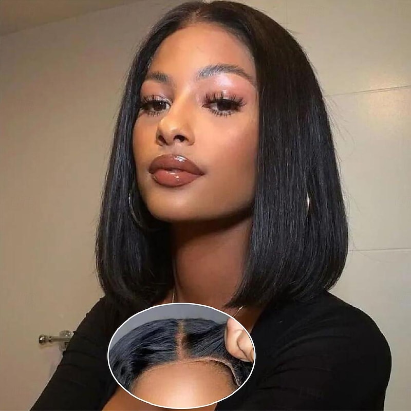 Put On and Go Glueless Wigs Bob Human Hair Pre Plucked Bob Wig Human Hair Glueless Wigs for Beginners Pre Cut Straight Short Bob Wig 4x4 HD Lace Closure Wigs for Black Women Natural Color