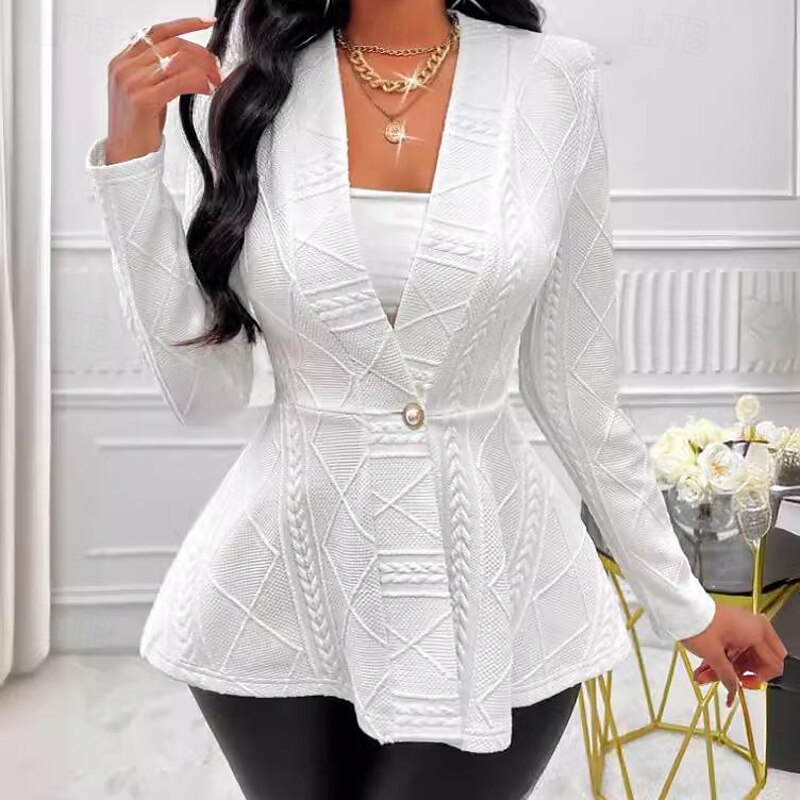 Women's Blazer Office Deep V Ruffle Solid Color Warm Fashion Regular Fit Outerwear Long Sleeve Spring White S