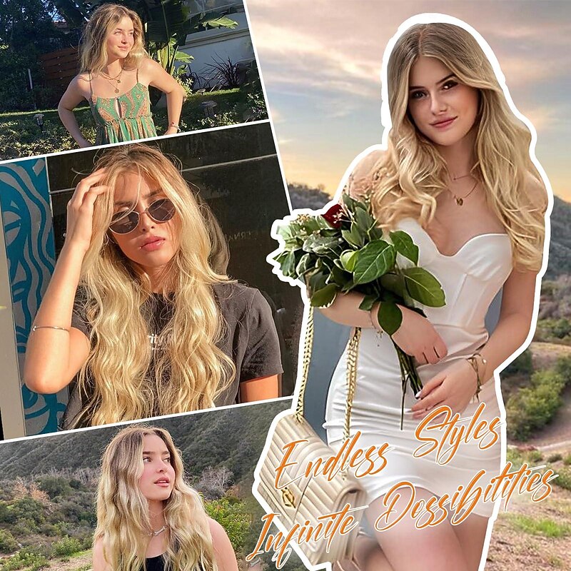 Long Blonde Wavy Wig for Women Middle Part Curly Wigs Natural Looking Ombre Blonde Synthetic Heat Resistant Fiber Women Wigs for Daily Party Use4