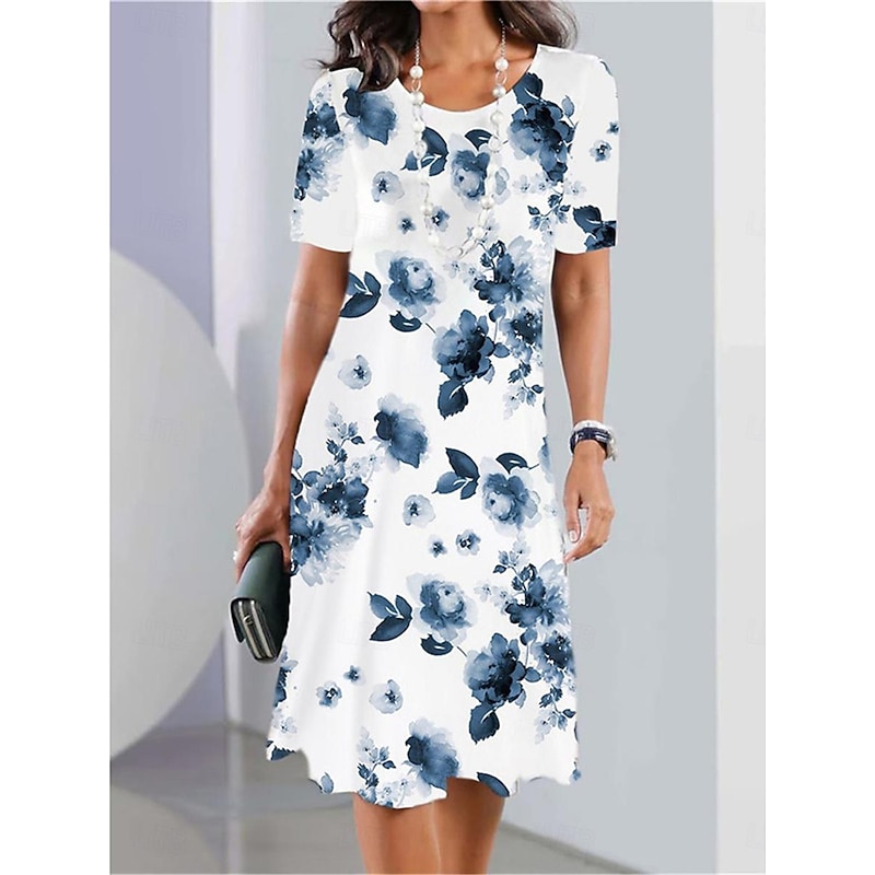Women's Elegant Party Evening Midi Dress Crew Neck Short Sleeve Casual Dress Shift Dress Summer Dress Stylish Formal Work Casual Regular Fit Floral Black And White Red Blue Purple