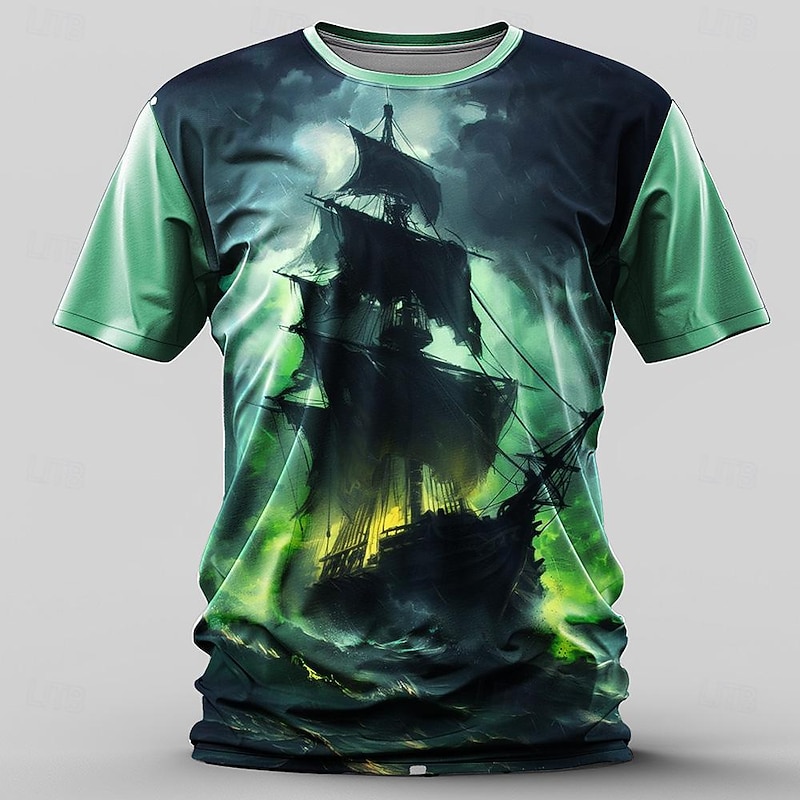Men's Ship T Shirt Short Sleeve T shirt 3D Print Crew Neck Shirt Retro Vintage Casual Street Style Sports Outdoor Holiday Going out Purple Green Spring & Summer Clothing Apparel S M L XL 2XL 3XL