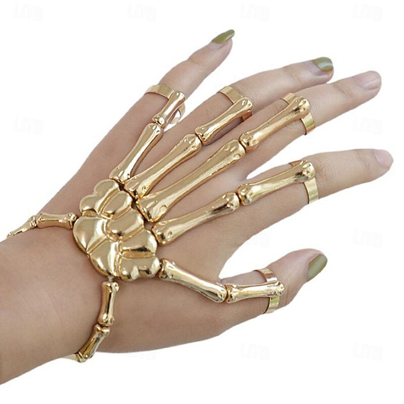 Halloween Skull Skeleton Hand Bracelet with Finger Ring Chain Gothic Bone Joint Jewelry Accessory Gift3