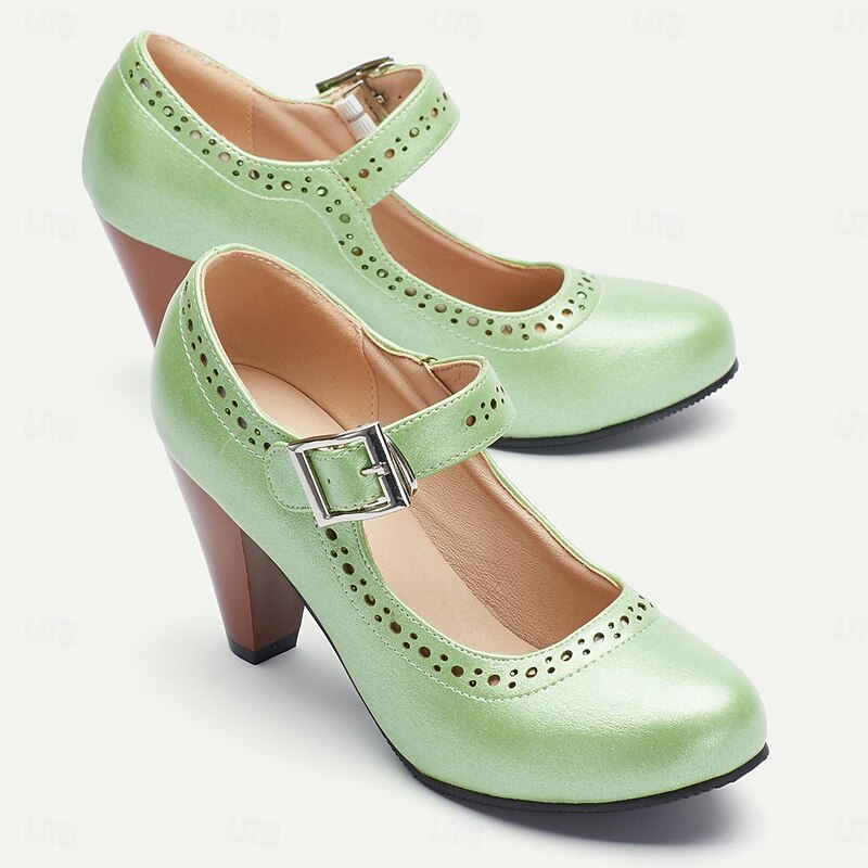 Women's Mint Green Mary Jane Heels with Buckle Strap and Perforated Design for Parties and Casual Wear3