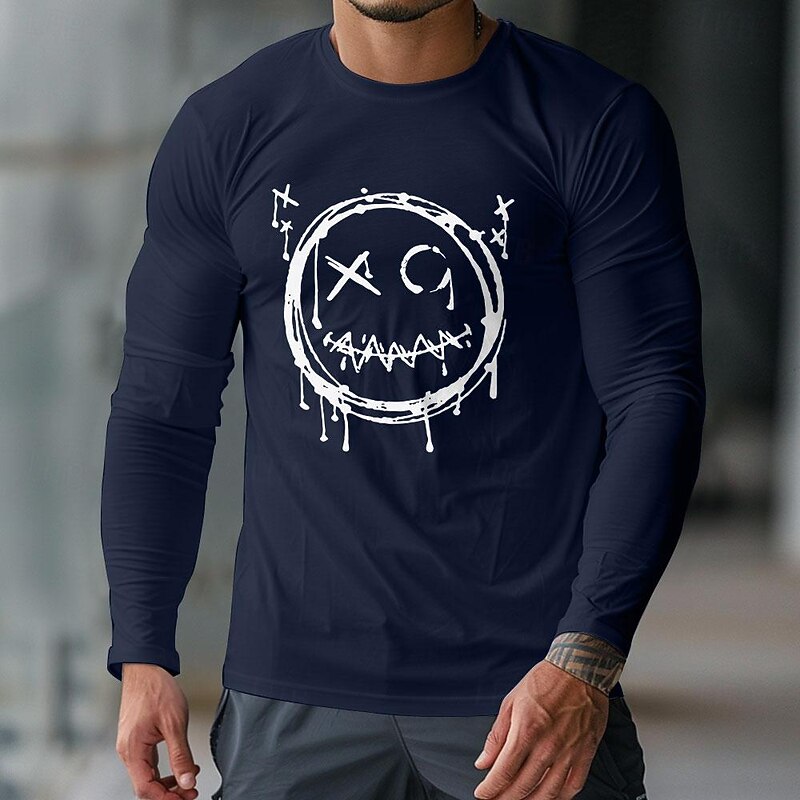 Men's Navy Blue Long Sleeve Graphic T-Shirt with Distressed Smiley Face Print | Edgy Casual Streetwear Style3