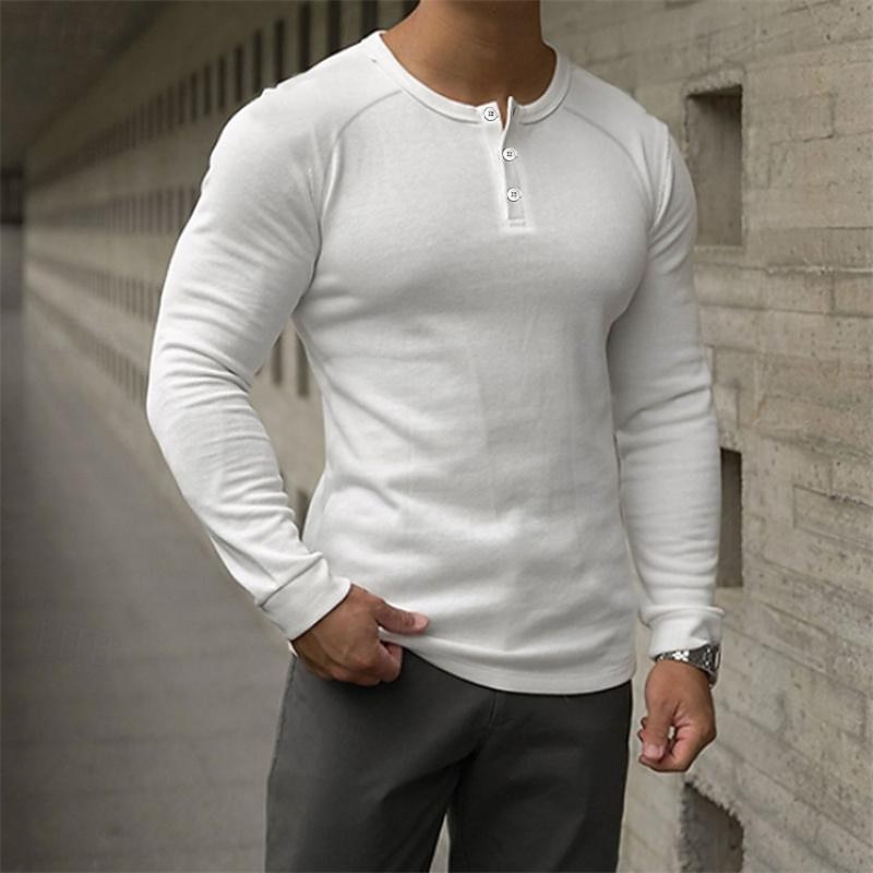 Men's T Shirt Henley Shirt Tee Top Long Sleeve Shirt Long Sleeve Plain Fashion Designer Basic Classic Henley Vacation Street Going out Spring &  Fall Black White Navy Blue Henley T-Shirt3