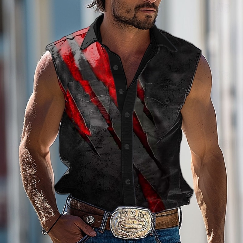 Men's Shirt Western Shirt Cowboy Shirt Sleeveless Abstract Western Style Outdoor Work Causal Summer Spring Shirt Collar Black