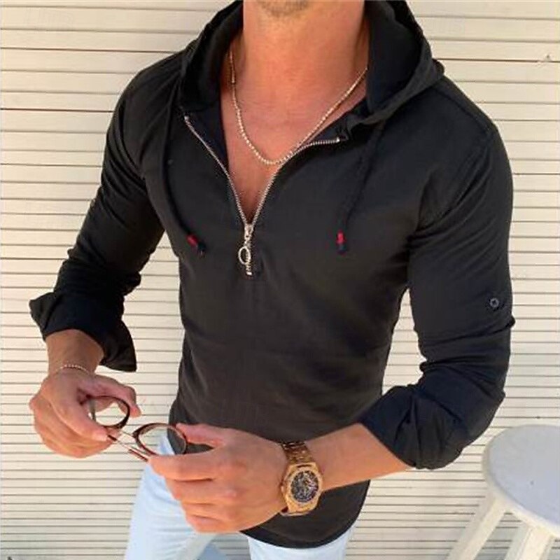 Men's Shirt Summer Shirt Casual Shirt Beach Shirt Black White Long Sleeve Plain Hooded Hawaiian Holiday Zipper Clothing Apparel Fashion Casual Comfortable