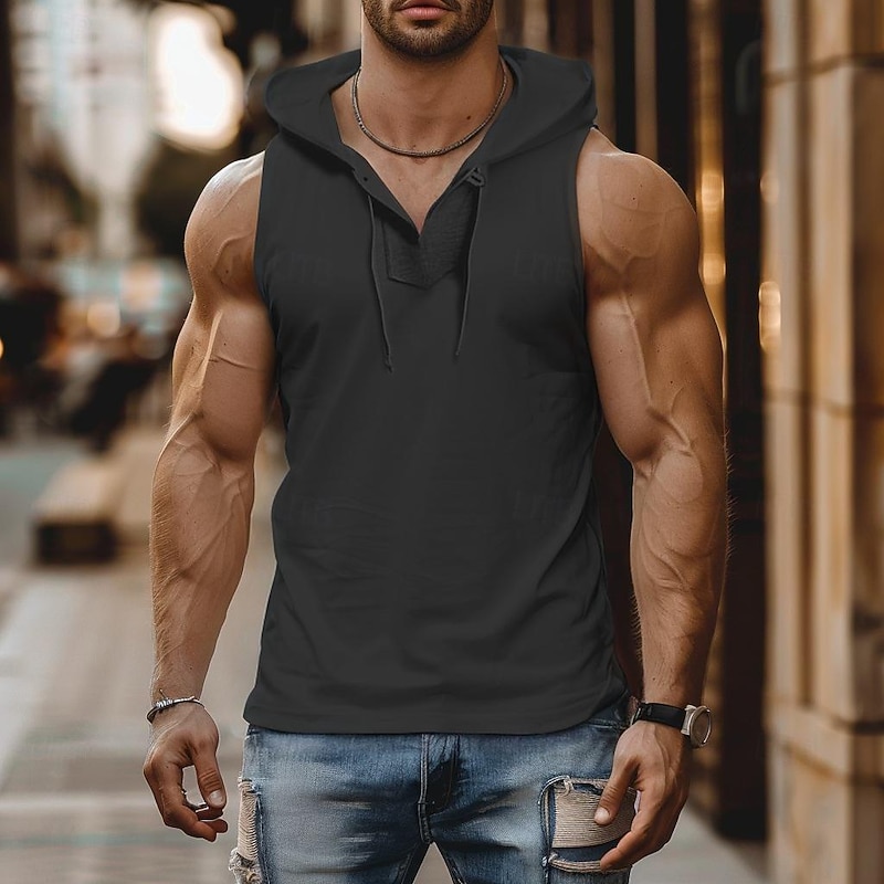 Men's Tank Top Vest Top Sleeveless Shirt Sleeveless Hooded Button Summer Plain Fashion Designer Muscle Buttons Hoop Outdoor Going out Gym Black White Top Tee for Men2