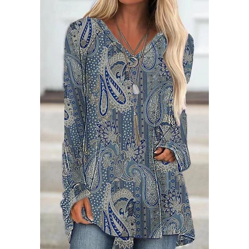 Women's Normal Tunic Graphic Geometric Tribal Vintage Western Ethnic Long Sleeve V Neck Long Tops Vacation Party Daily Patchwork Print Dusty Blue All Seasons