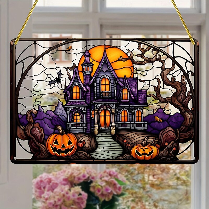 Halloween Haunted House Castle and Pumpkin Head Acrylic Wall Hanging - Spooky Home Decor for Windows, Doors, and Porch Walls3