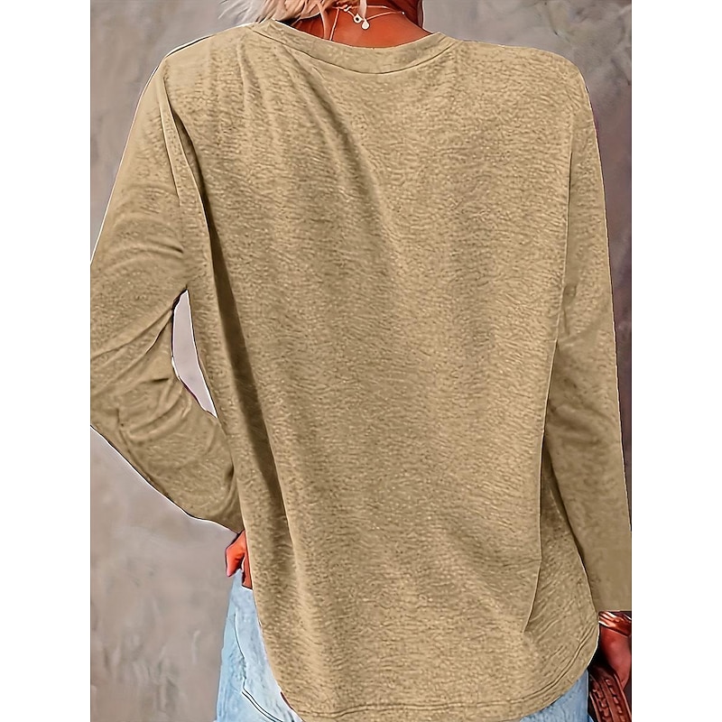 Women's T Shirt Cat Letter Fashion Casual Long Sleeve Round Neck Regular Tops Daily Weekend Print Khaki Spring &  Fall Spring, Fall, Winter, Summer2