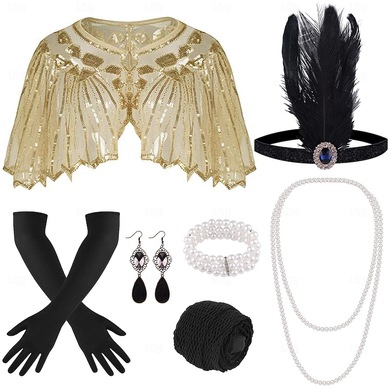 Retro Vintage Roaring 20s 1920s Outfits Flapper Headband Accesories Set The Great Gatsby Flapper Girl Wedding Guest Sequins Feather Fancy Dress Women's Event / Party Wedding Reception Bachelorette