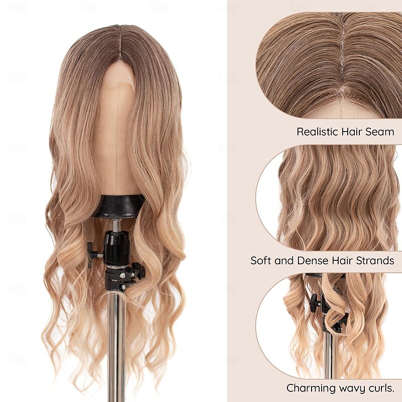 Long Wigs for Women  Middle Part Wavy Wig - Natural Looking Synthetic Heat Resistant Fiber Wig For Event Party Cosplay Daily 26IN(Ombre Blonde) Halloween Wigs3