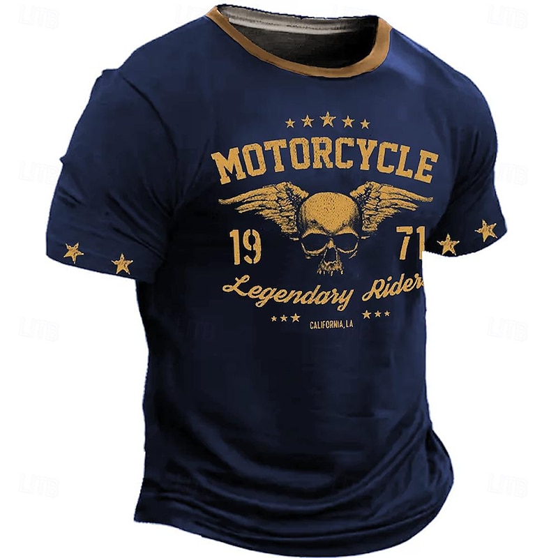 Men's Skull Motorcycle T Shirt Short Sleeve T shirt 3D Print Crew Neck Shirt Retro Vintage Western Style Street Casual Bar Black Red Blue Spring & Summer Clothing Apparel S M L XL 2XL 3XL4