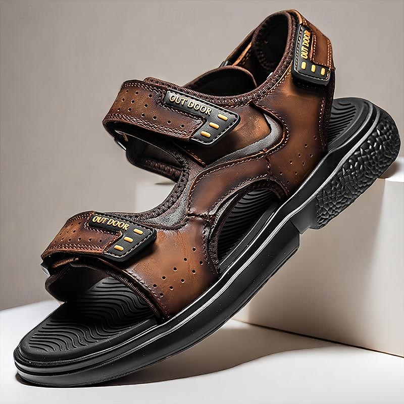 Men's Leather Outdoor Hiking Sandals - Comfortable and Durable with Adjustable Straps and Anti-Slip Sole for Summer Adventures