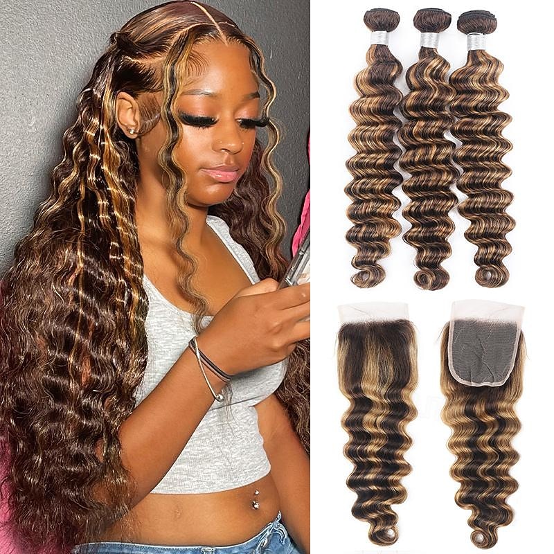 Loose Deep 3&1 Bundles With Closure Highlight P4/27# Human Hair Weaving With 4*4 Closures Pre-colored Brazilian Hair Extension