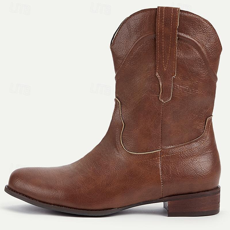 Men's PU Leather Western Cowboy Boots - Classic Brown Mid-Calf Boots for Casual and Formal Wear3