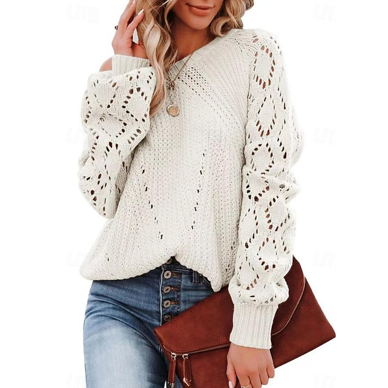 Women's Sweater Stylish Solid Color Crochet One Shoulder Knitted Half Sleeve Regular Tops Knit Daily White Pink Spring Fall4