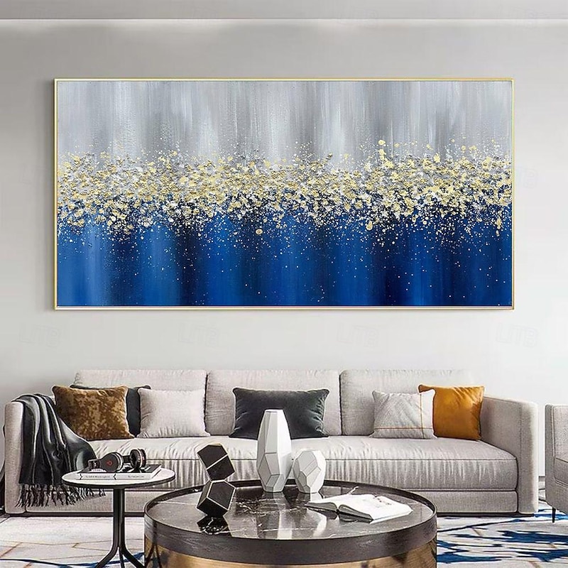 Handmade Oil Painting Canvas Wall Art Decoration Modern Abstract Texture  Blue Gold for Living Room Home Decor Rolled Frameless Unstretched Painting4