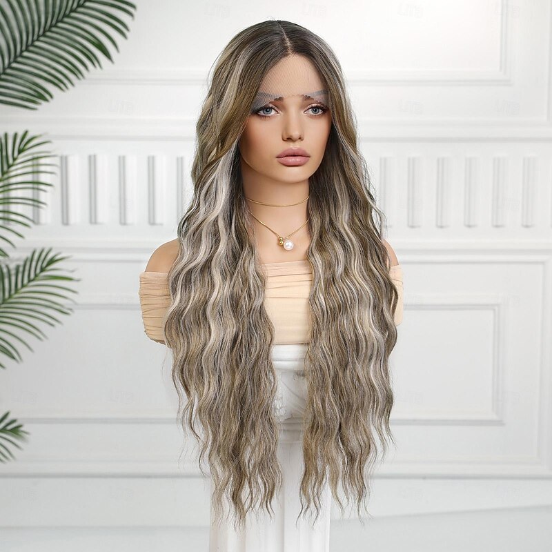 Synthetic Lace Wig Curly Style 28 inch Dark Brown Middle Part T Part Wig Women's Wig Dark Brown3